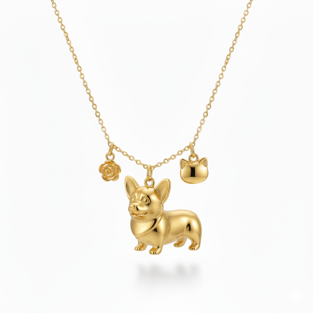 Charming Corgi dog necklace with rose and cat face charms – golden stainless steel pendant for women