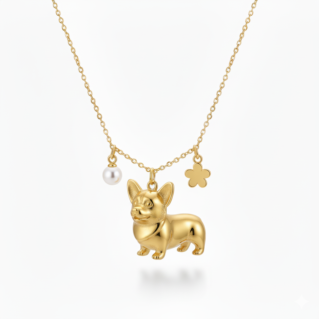 Elegant Corgi dog necklace with pearl and flower charms – gold stainless steel pendant for women