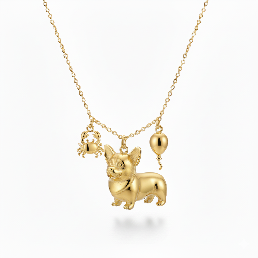 Whimsical Corgi dog necklace with crab and balloon charms – gold stainless steel pendant for women