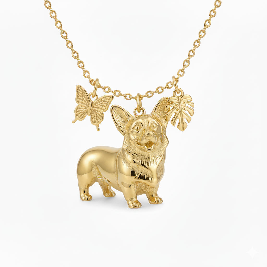 Lovely stainless steel women charm golden Corgi dog necklace with butterfly and leaf pendant