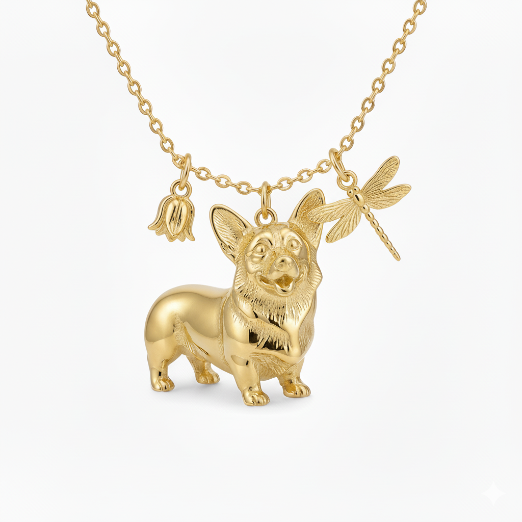 Lovely stainless steel women charm golden Corgi dog necklace with flower and dragonfly pendant