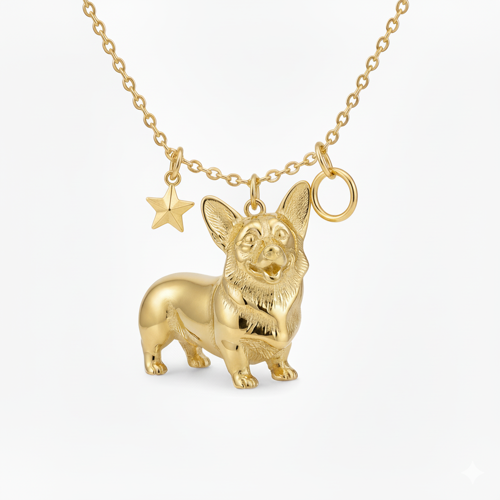 Lovely stainless steel women charm golden Corgi dog necklace with star and circle pendant