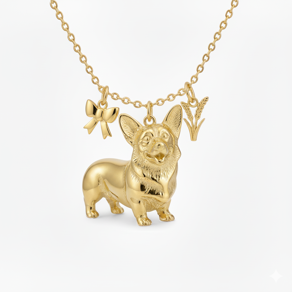 Lovely stainless steel women charm golden Corgi dog necklace with bow and wheat pendant