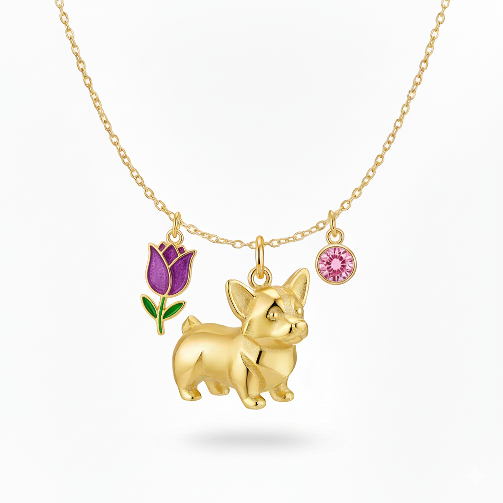 Lovely stainless steel women charm custom golden Corgi dog pendant necklace