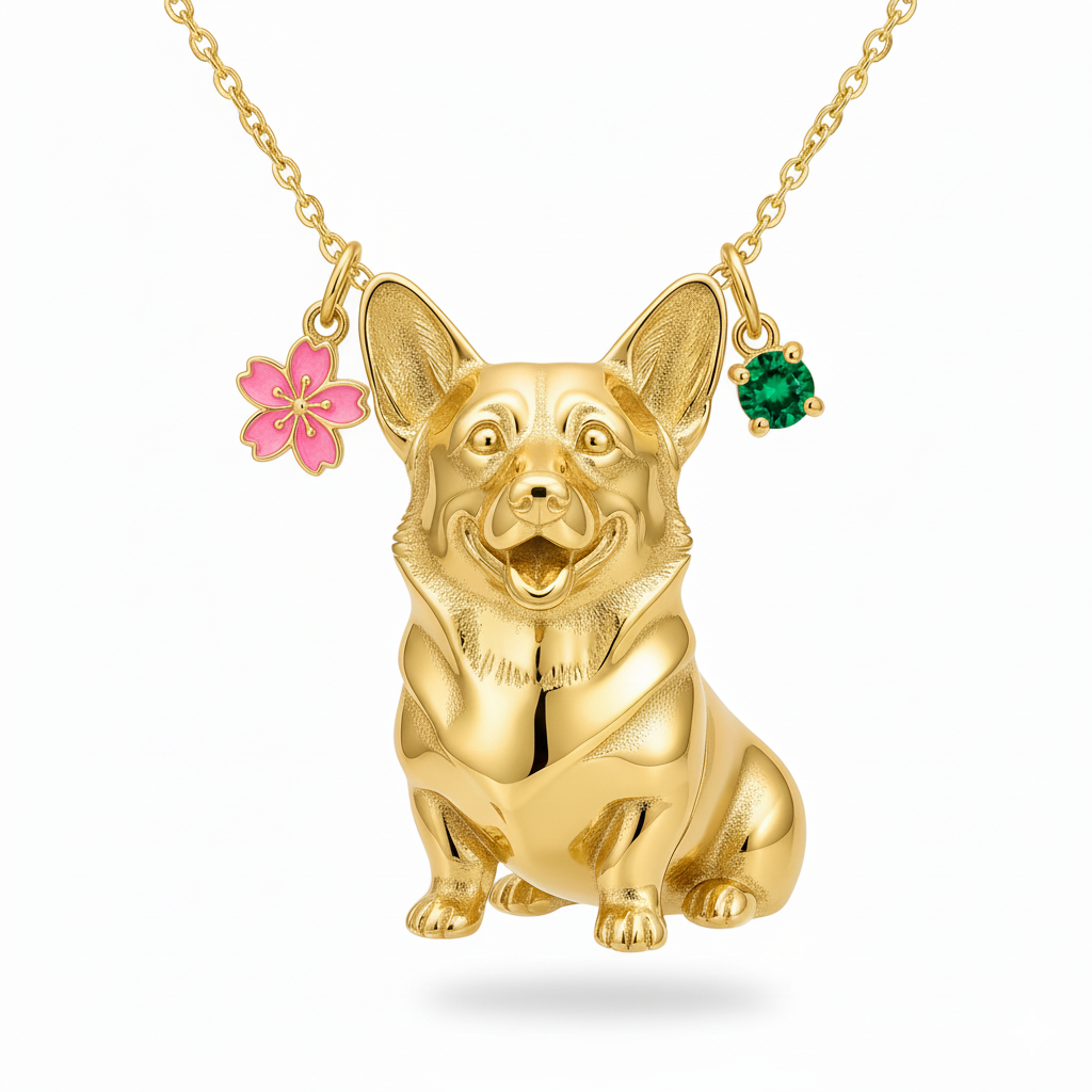 Sitting Corgi dog necklace with pink flower and green gem – gold stainless steel pet charm