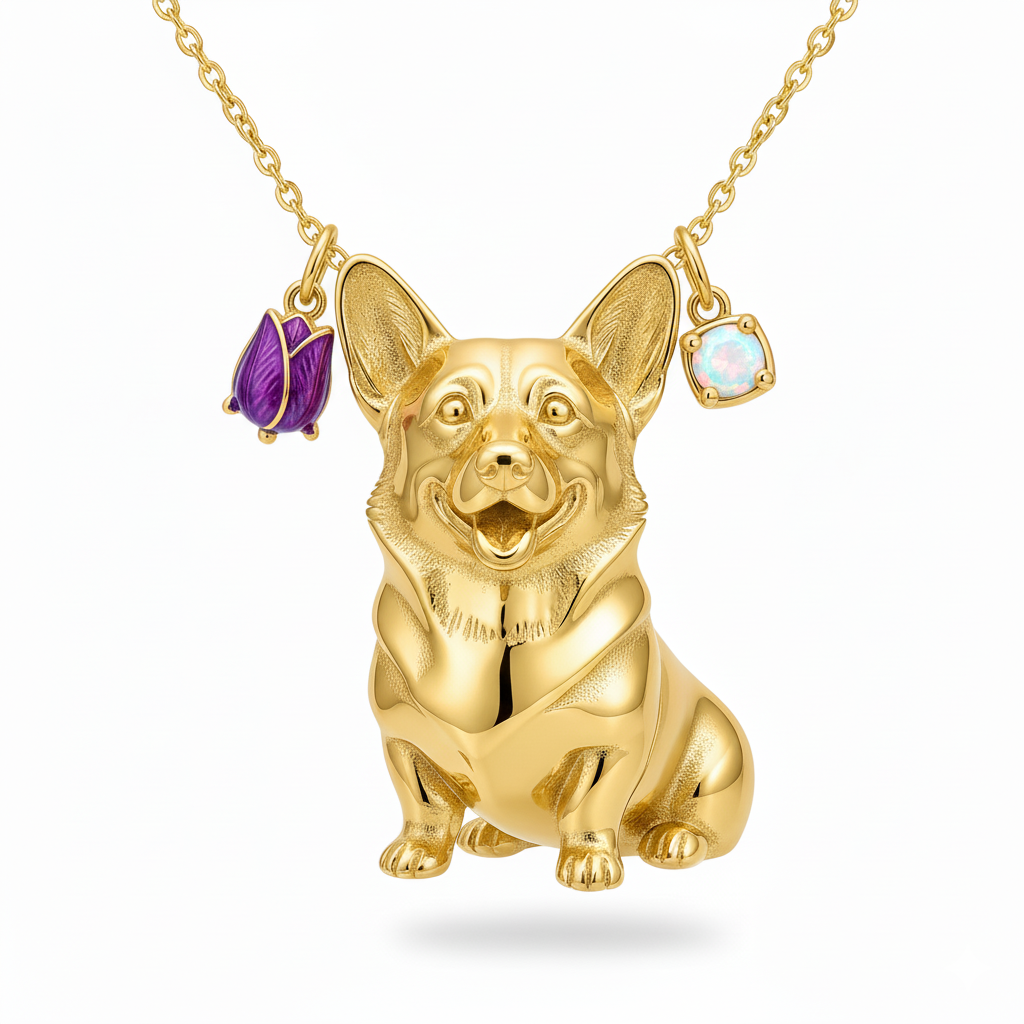 Sitting Corgi necklace with purple tulip and opal gem – gold stainless steel dog charm