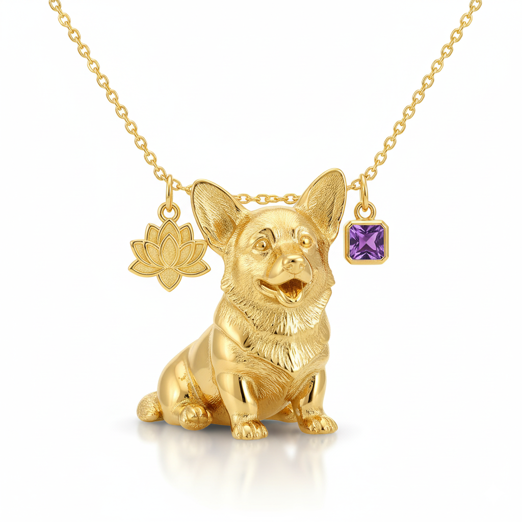 Corgi necklace with lotus flower and amethyst gem – gold stainless steel sitting dog pendant