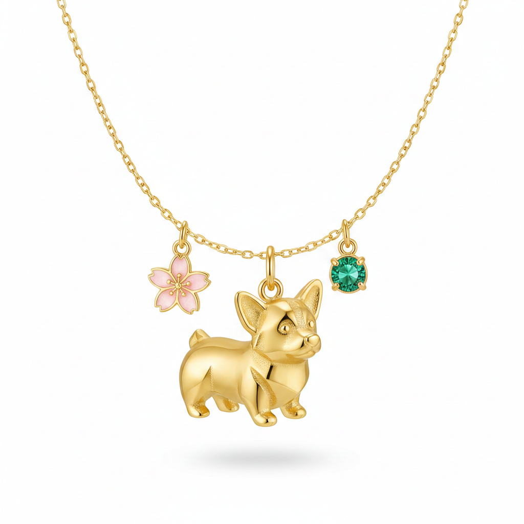 Custom golden Corgi necklace with pink flower and green gem – stainless steel charm for women