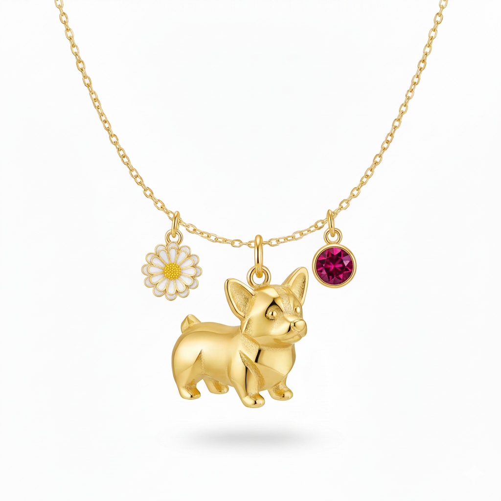 Golden Corgi necklace with daisy charm and ruby gem – stainless steel dog pendant for women