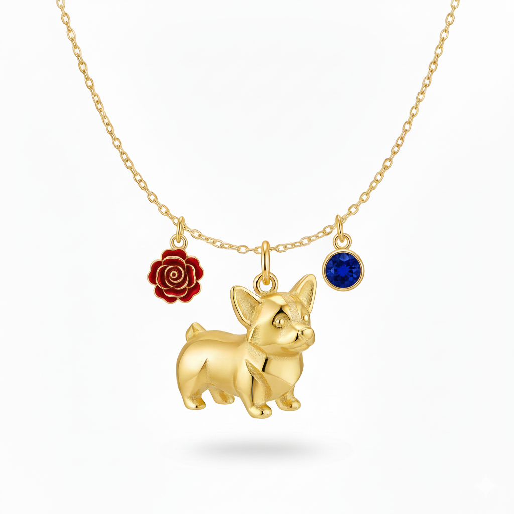 Red rose and blue gem Corgi necklace – golden stainless steel charm for dog lovers
