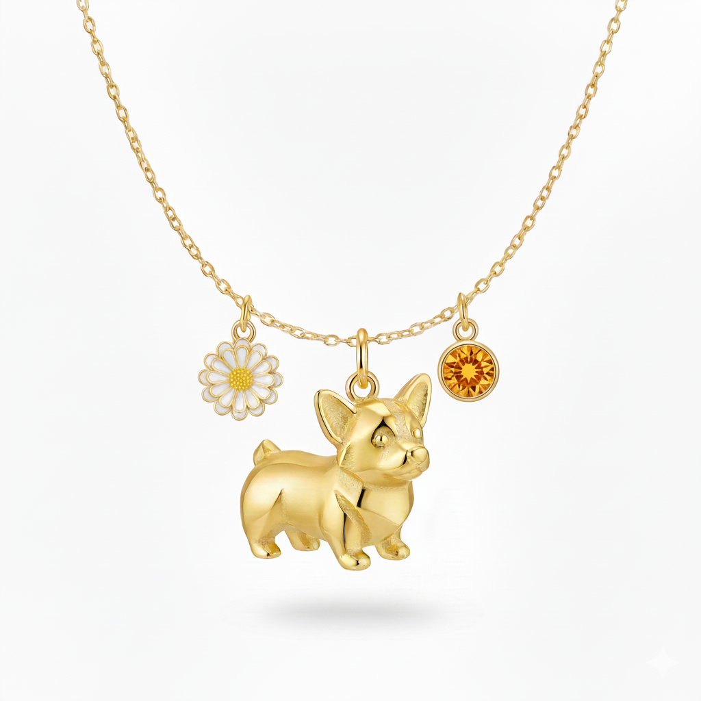 Corgi dog necklace with white daisy and amber gem – stainless steel golden charm for women