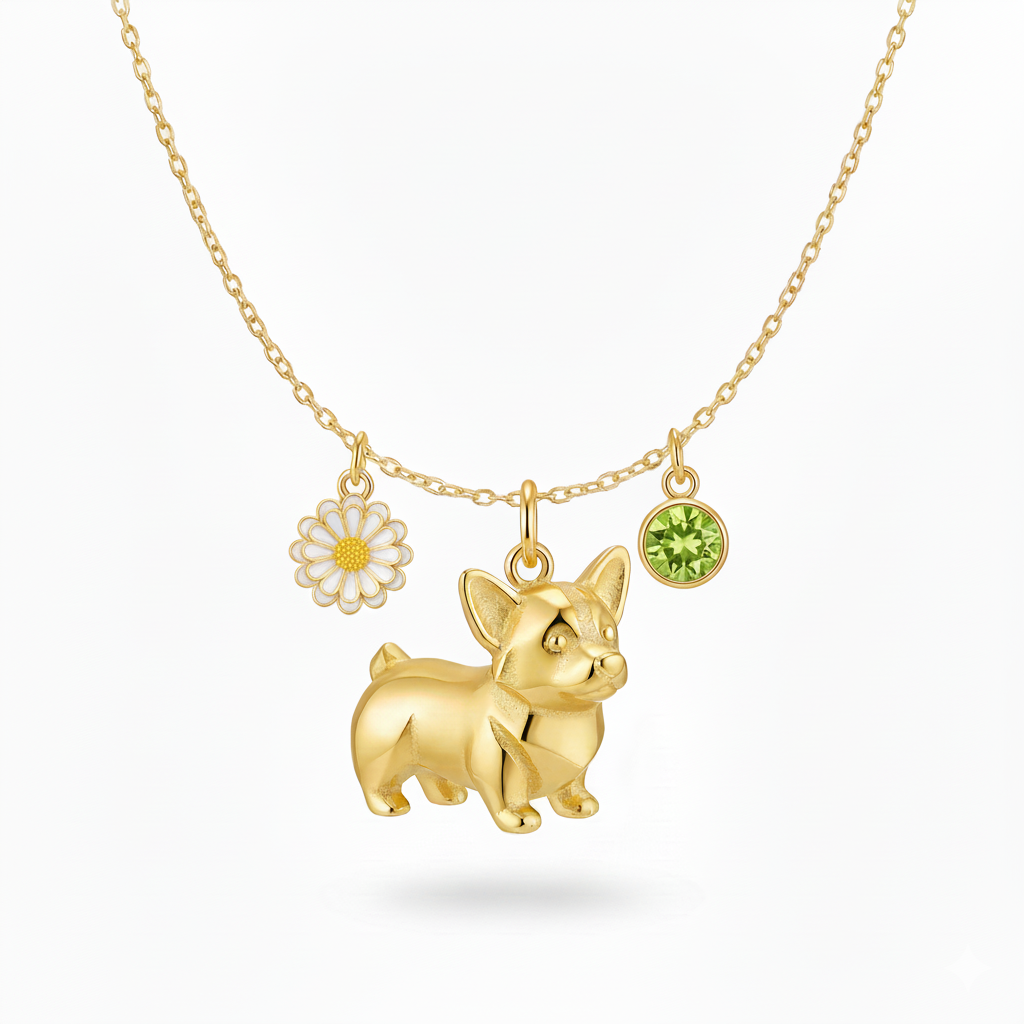 Corgi necklace with green gem and white daisy – gold stainless steel dog charm for women