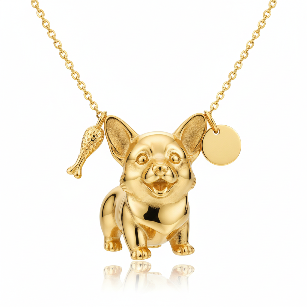 Lovely stainless steel women charm custom golden Corgi dog pendant necklace with bone and tag