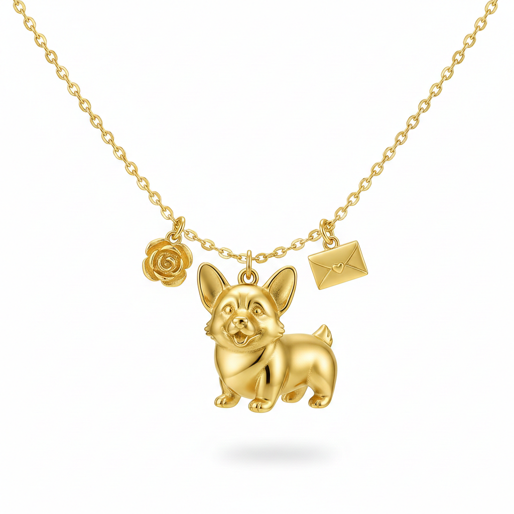 Romantic gold Corgi dog necklace with rose flower & love letter pendant in stainless steel