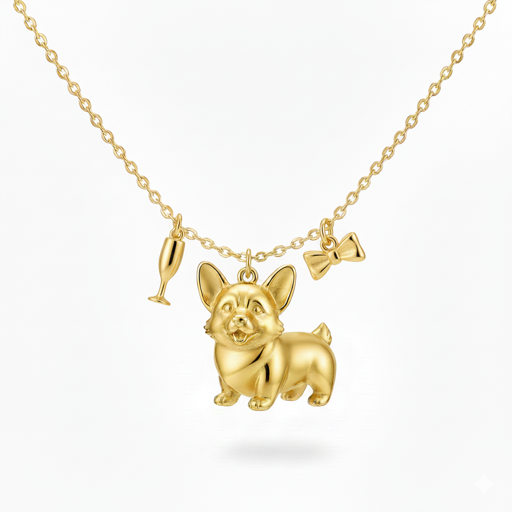 Celebration style Corgi dog necklace with champagne glass & bow charms – golden stainless steel for women