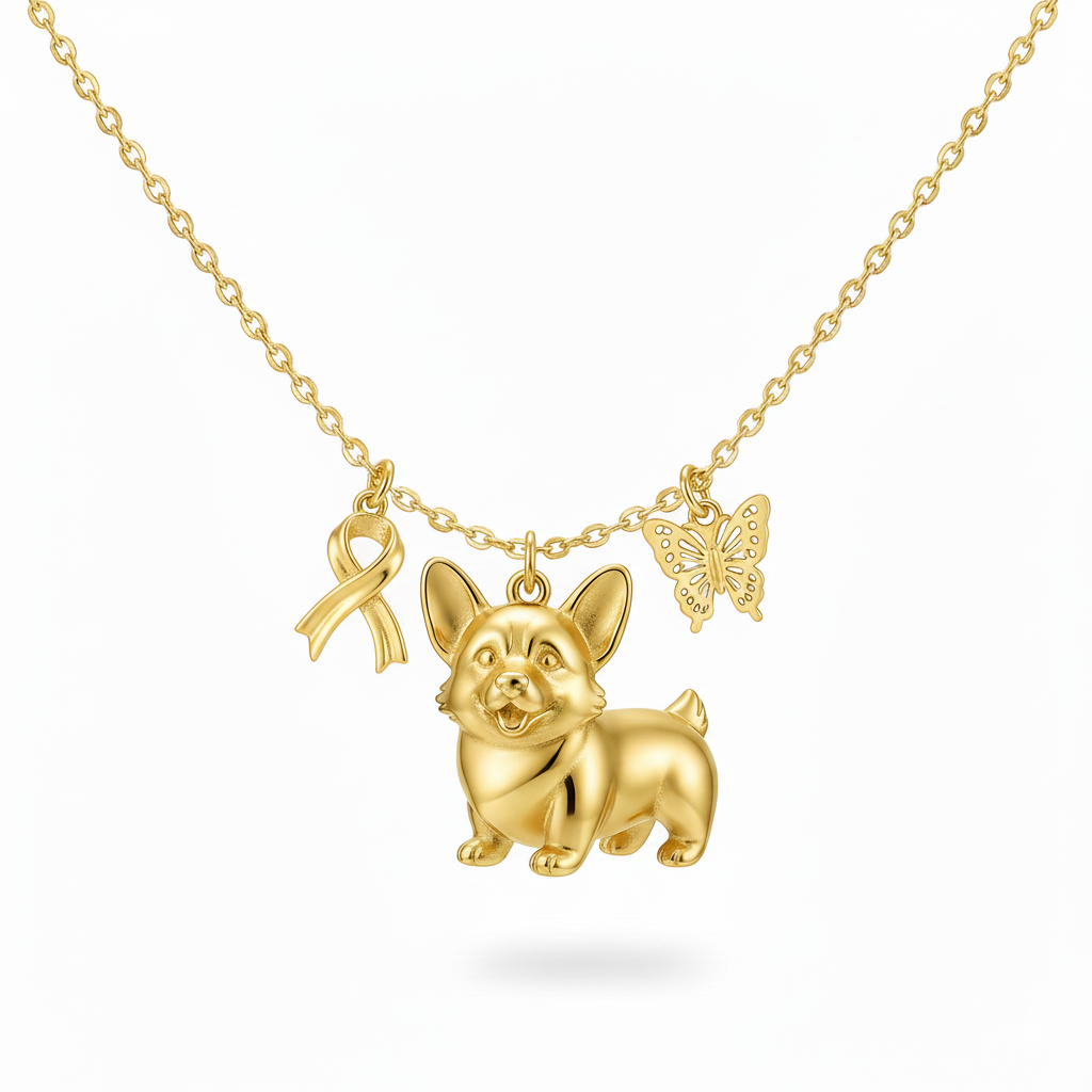 Support & hope Corgi dog necklace with butterfly and awareness ribbon charms – gold stainless steel