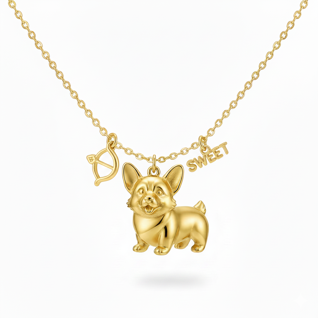 Sweet style Corgi dog necklace with cupid bow & letter charm – golden stainless steel for girls