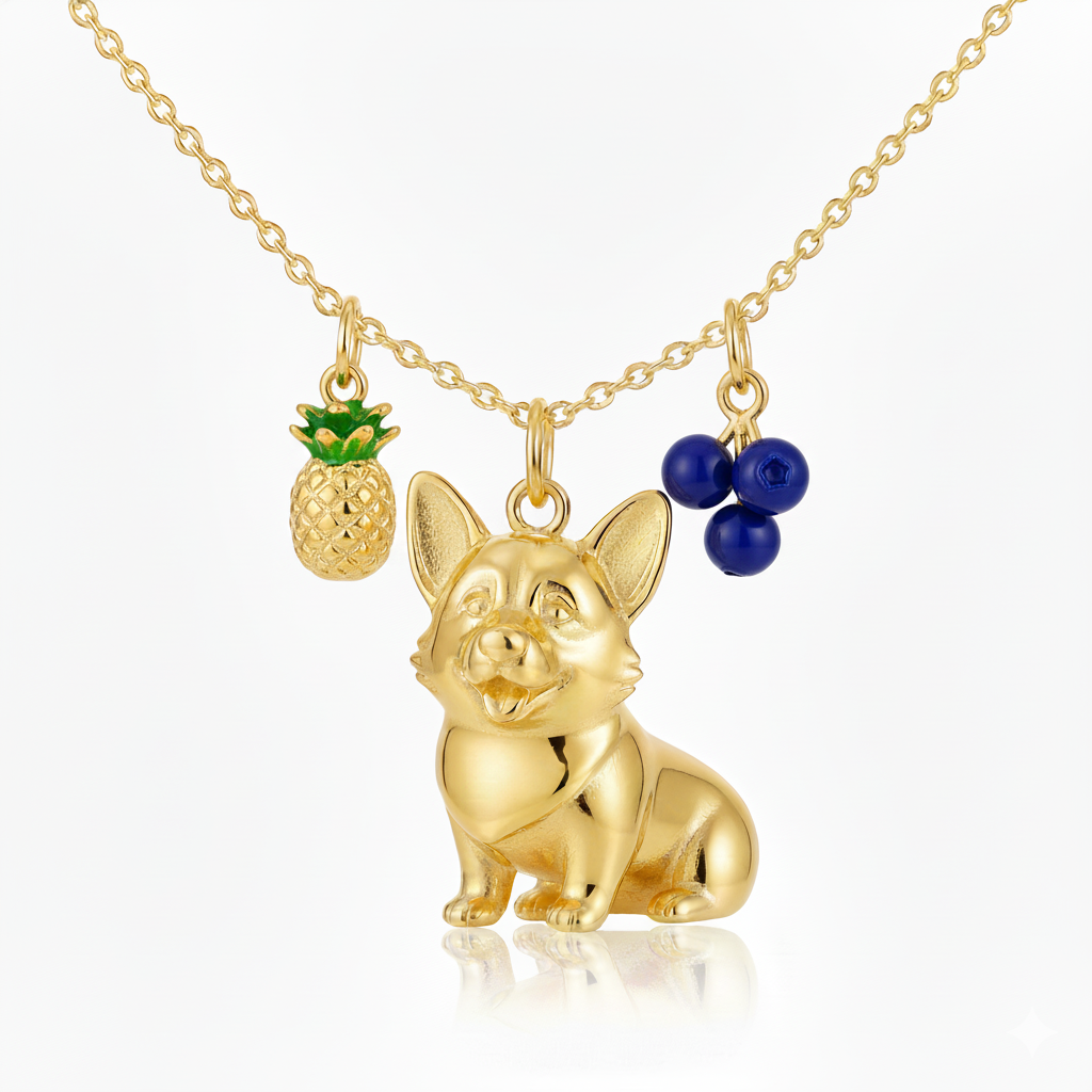 Tropical fruit Corgi dog necklace with pineapple & berry charms – golden stainless steel pendant