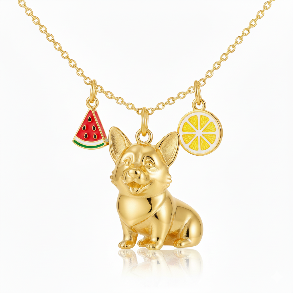 Summer fruit Corgi necklace with watermelon & lemon charms – golden stainless steel pendant