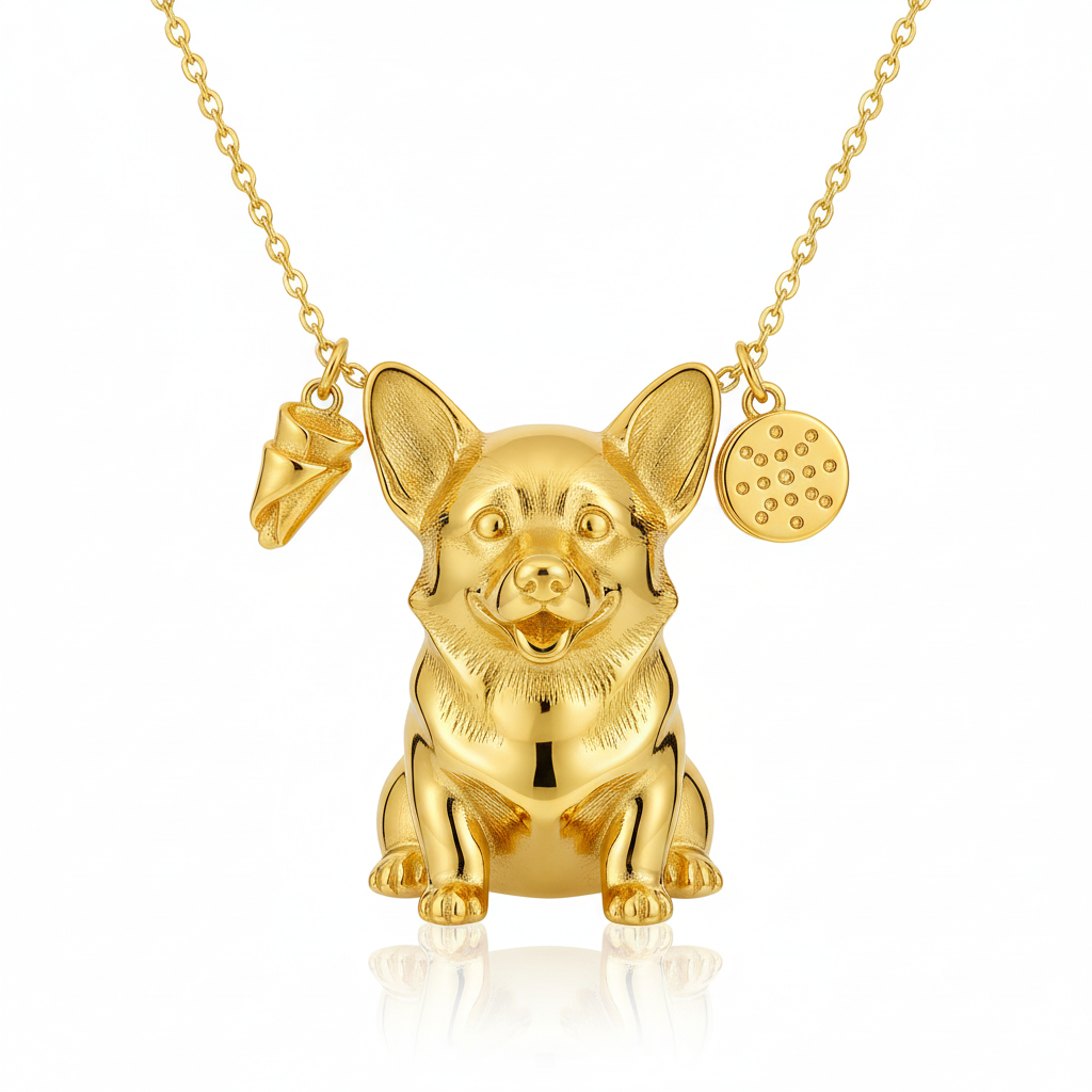 Sweet treat Corgi dog necklace with ice cream & cookie charms – golden stainless steel pendant