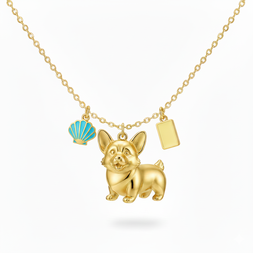 Seaside Corgi dog necklace with shell & tag charms – golden stainless steel summer pendant