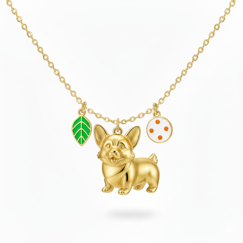 Playful golden Corgi pendant necklace with leaf and polka dot charms for women