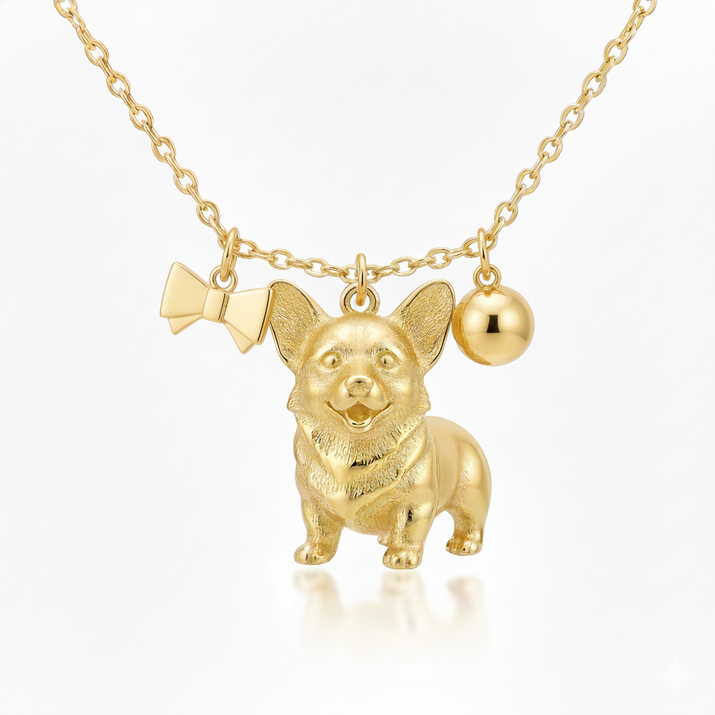 Elegant Corgi dog necklace with golden bow & ball charms – lovely stainless steel pendant