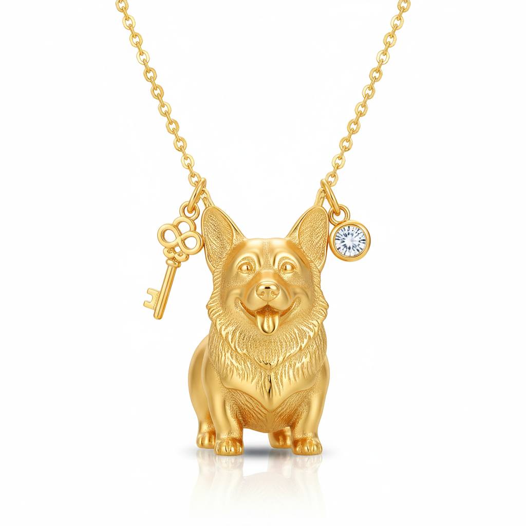 Lovely stainless steel women charm custom golden Corgi dog pendant necklace