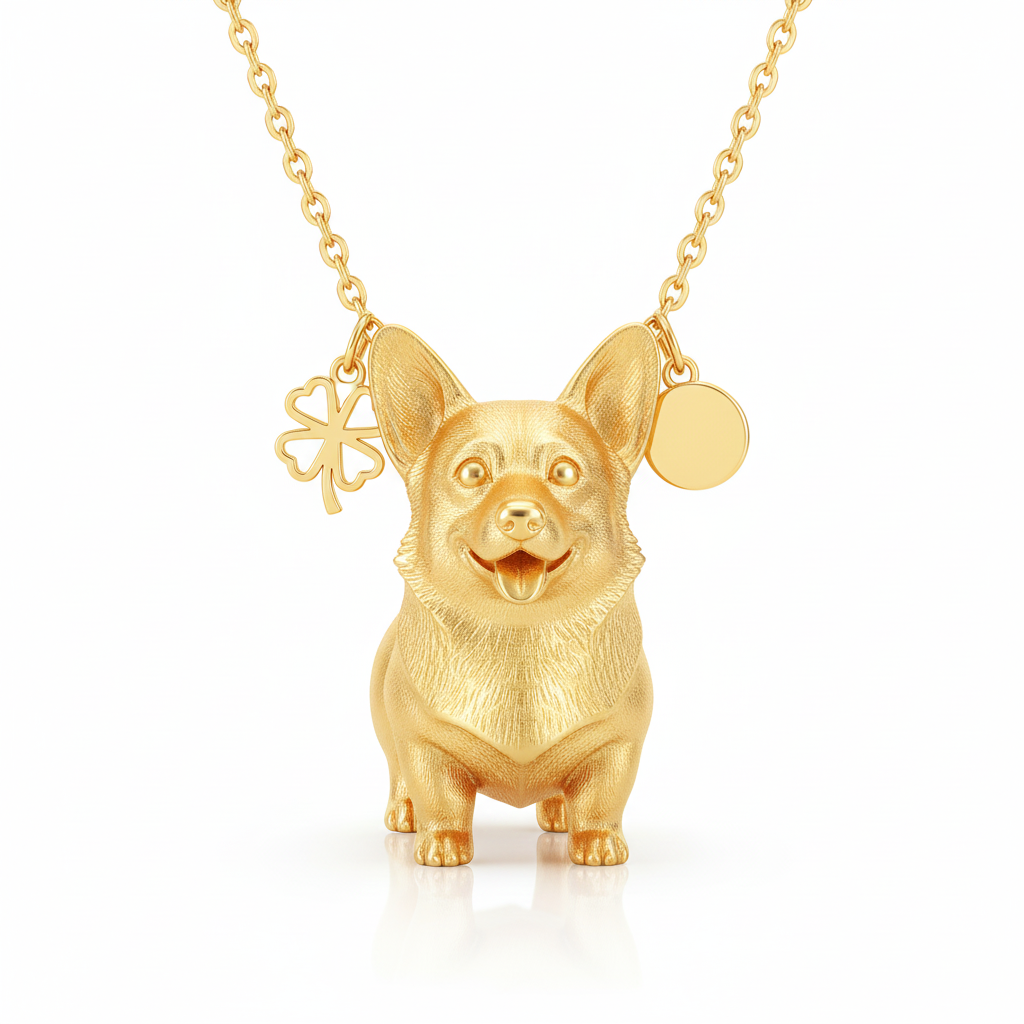 Custom golden Corgi dog necklace with lucky clover charm – stainless steel women's pendant
