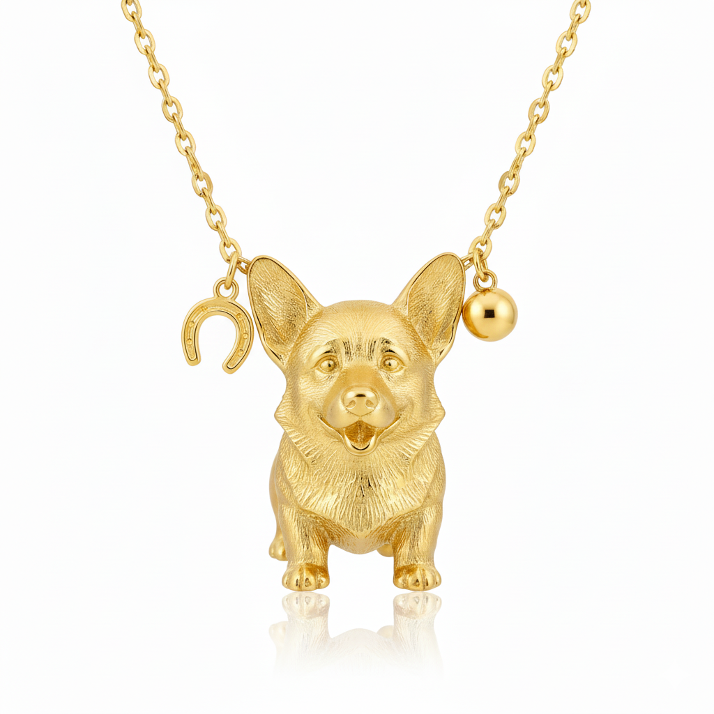 Golden Corgi dog necklace with horseshoe charm stainless steel pendant for women