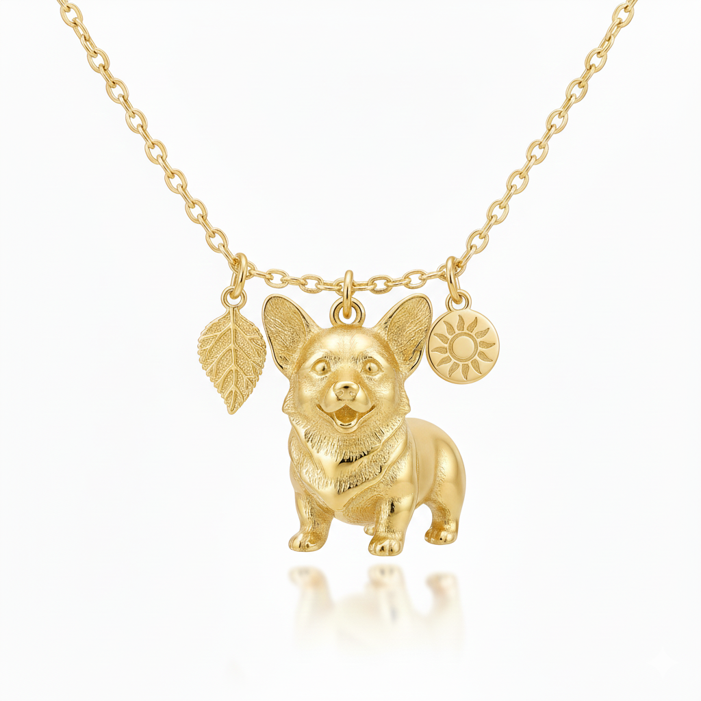 Stainless steel golden Corgi necklace with leaf and sun charms for women