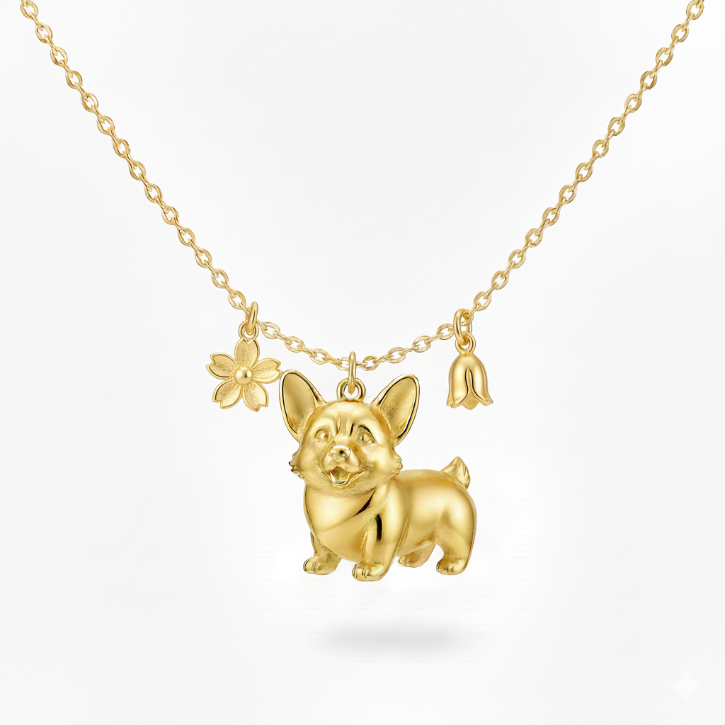 Golden Corgi necklace with flower charms stainless steel pendant for women