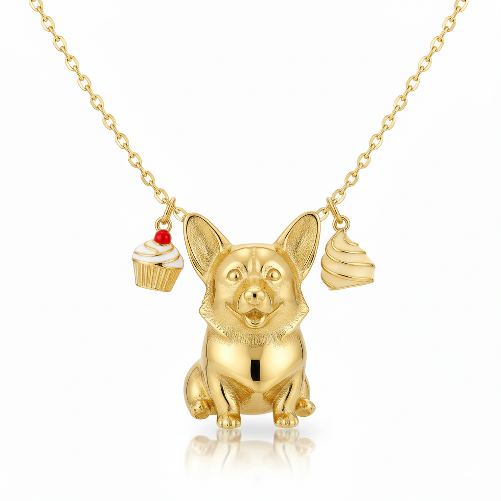 Golden Corgi necklace with cupcake and cream charms stainless steel pendant for women