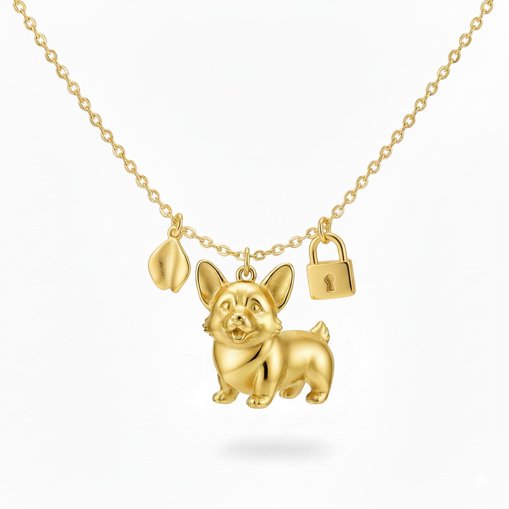 Golden Corgi necklace with leaf and lock charms stainless steel pendant for women