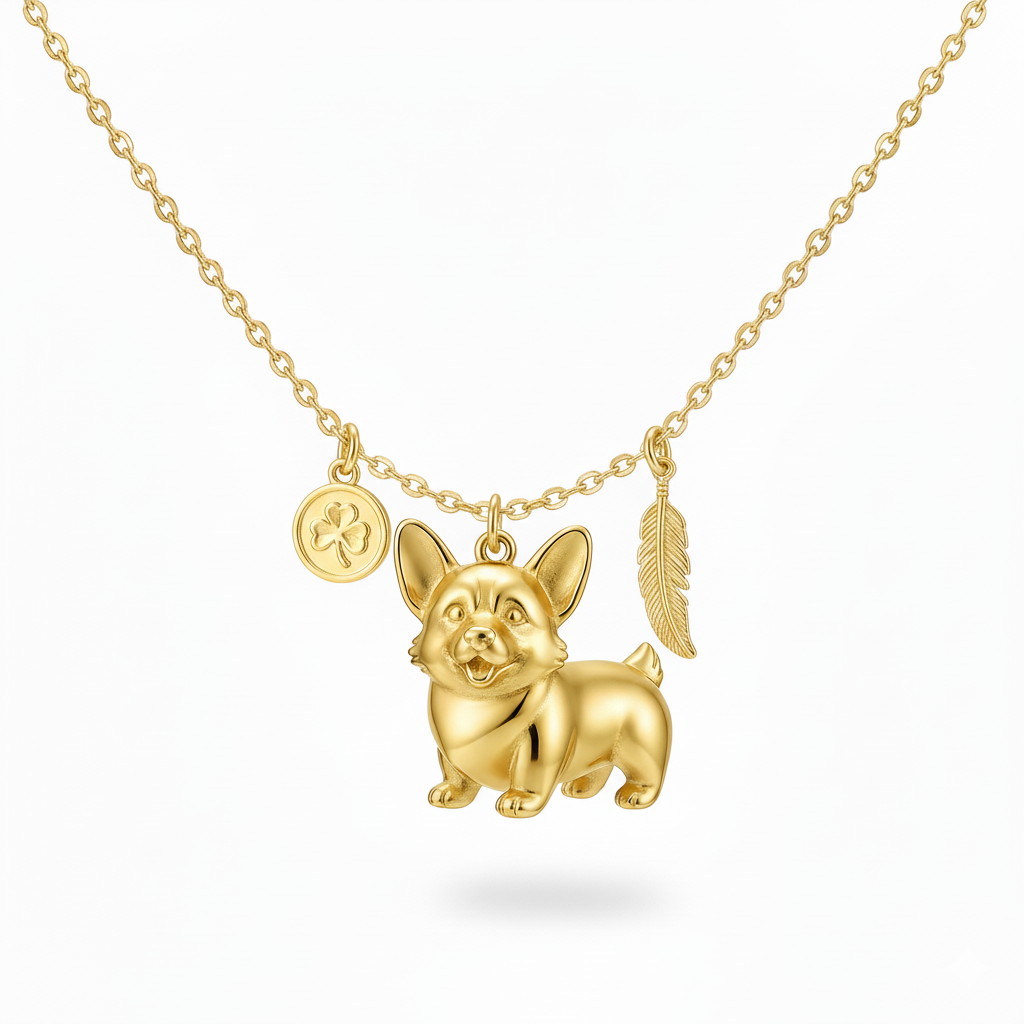 Golden Corgi necklace with feather and four-leaf clover charms for women