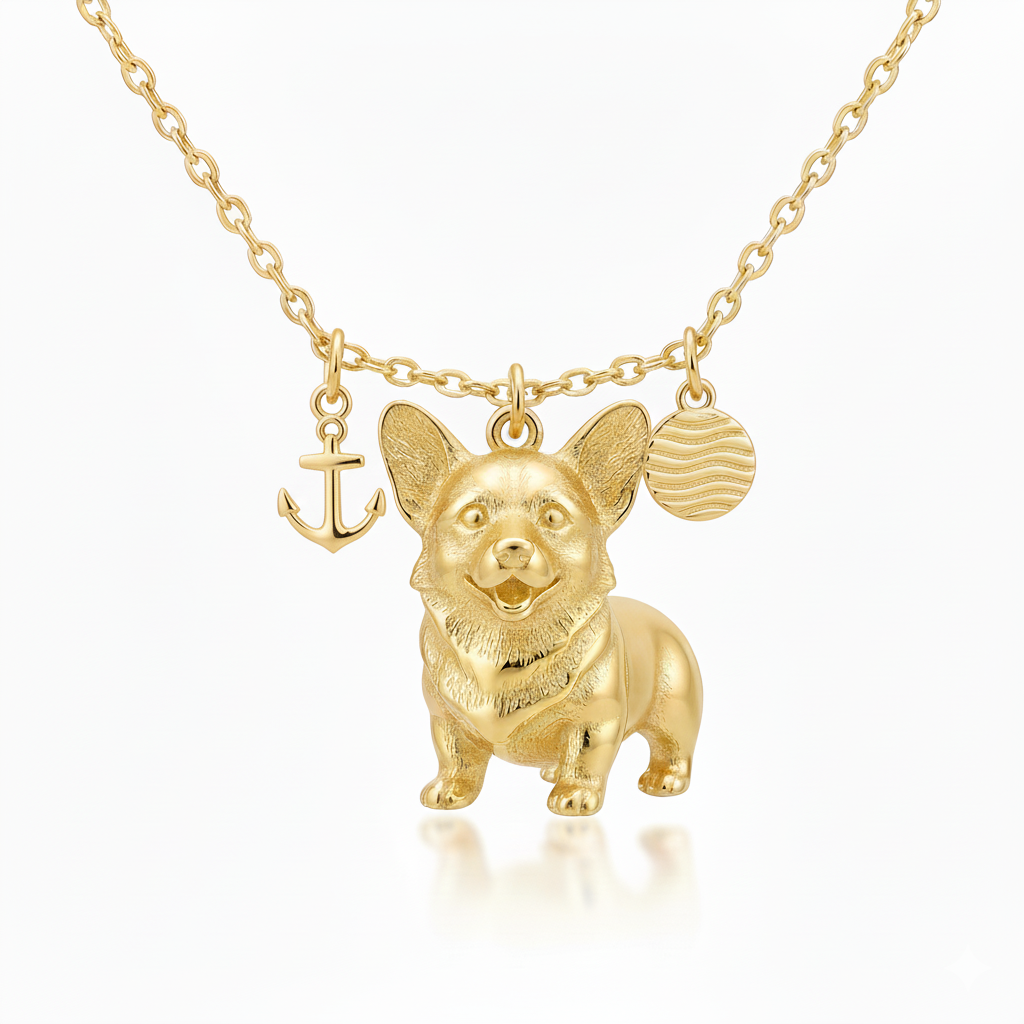 Golden Corgi necklace with anchor and wave charms stainless steel pendant for women