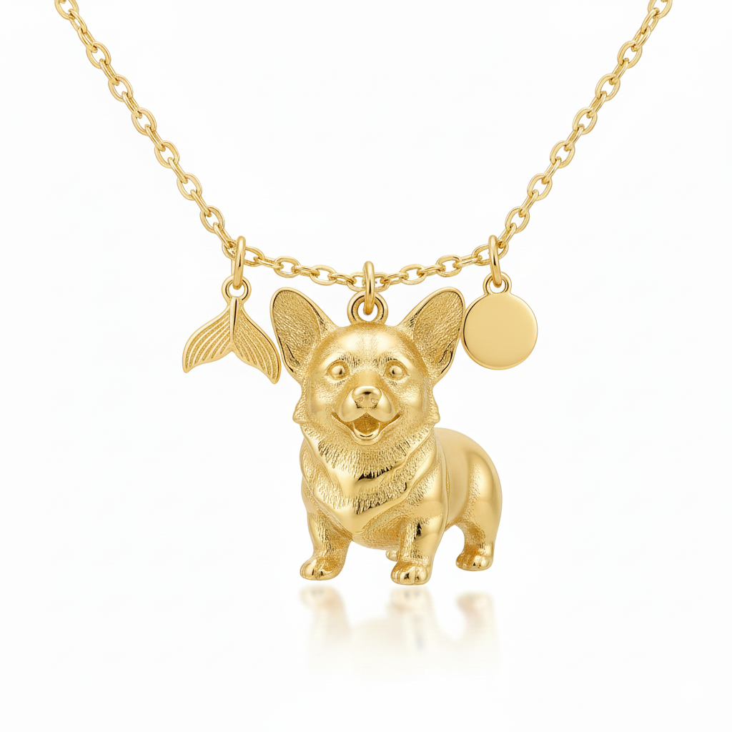 Golden Corgi necklace with mermaid tail and round charms stainless steel pendant for women