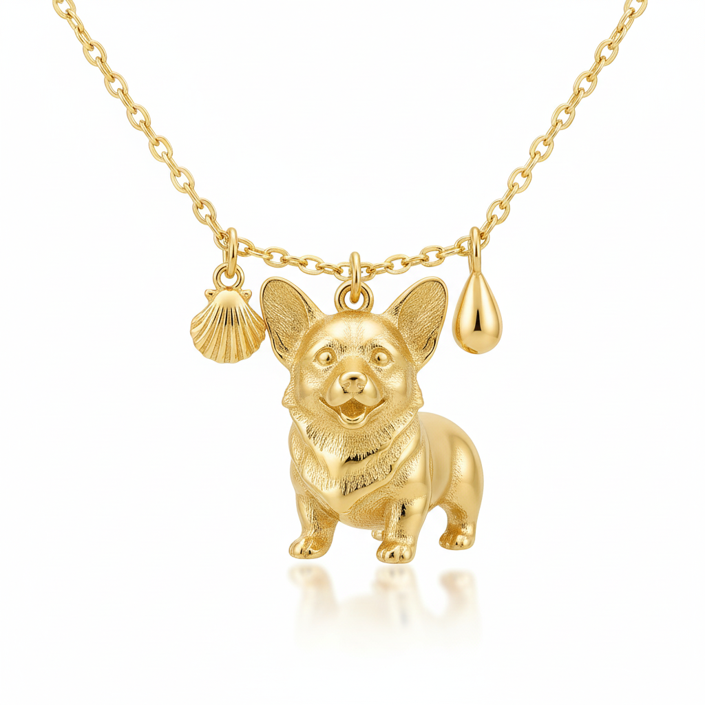 Golden Corgi necklace with shell and teardrop charms stainless steel pendant for women