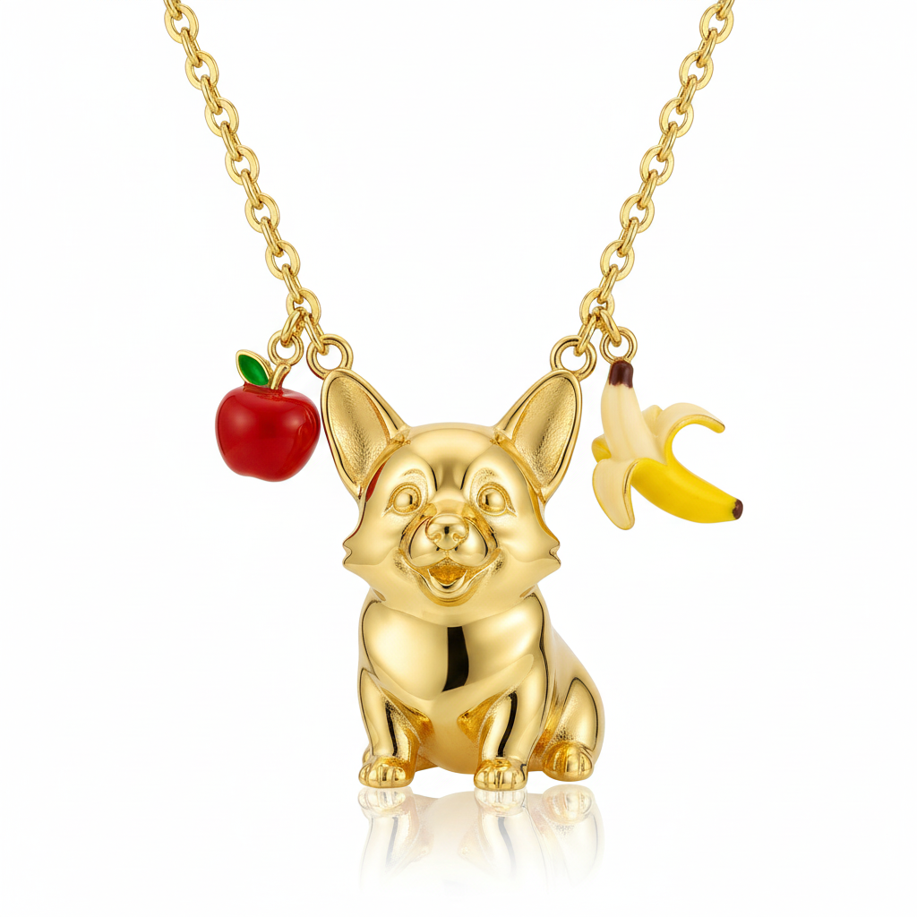 Golden Corgi necklace with apple and banana fruit charms stainless steel pendant for women
