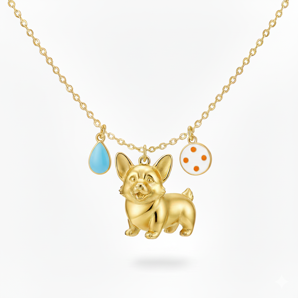 Golden Corgi necklace with blue drop and dot charm stainless steel pendant for women
