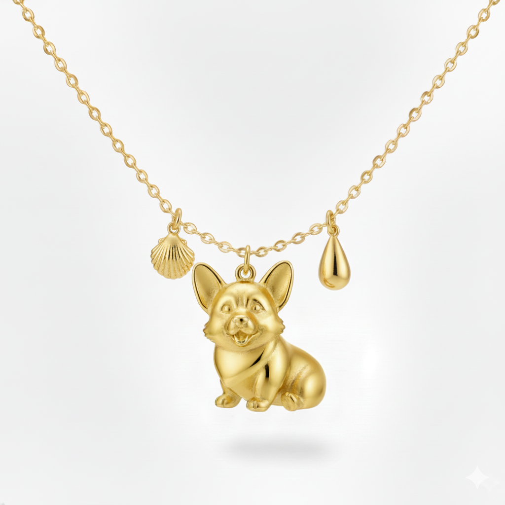 Golden Corgi necklace with shell and water drop charm stainless steel pendant for women
