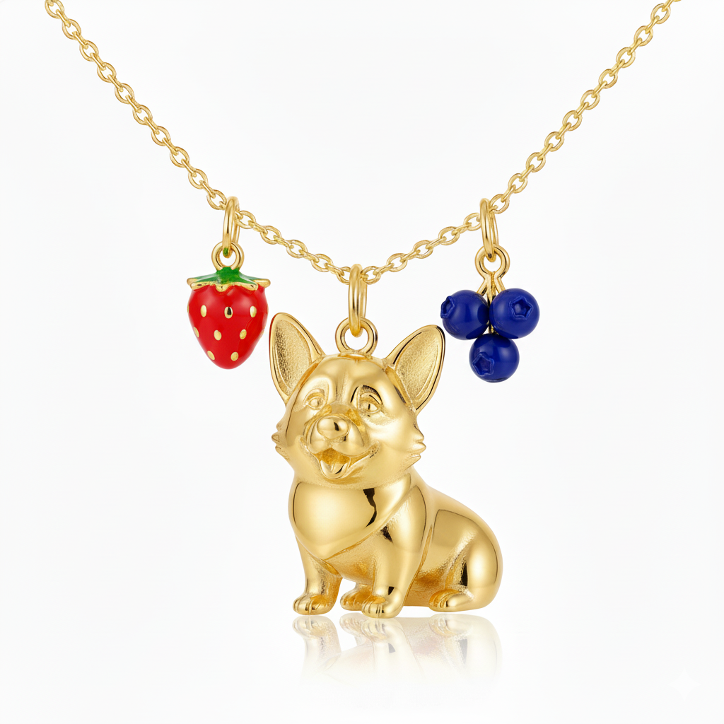 Fruit-themed golden Corgi necklace with strawberry and blueberry charms
