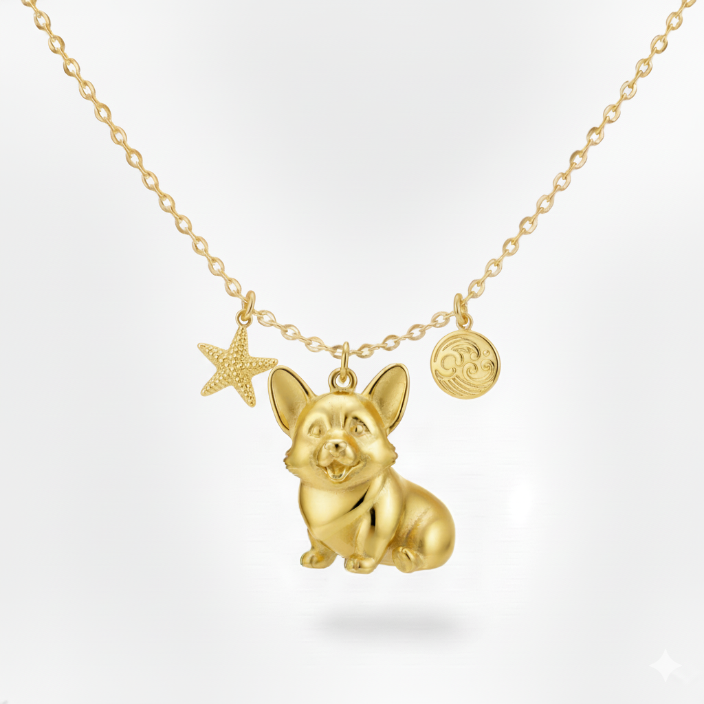 Golden Corgi necklace with starfish and ocean swirl charm stainless steel pendant for women