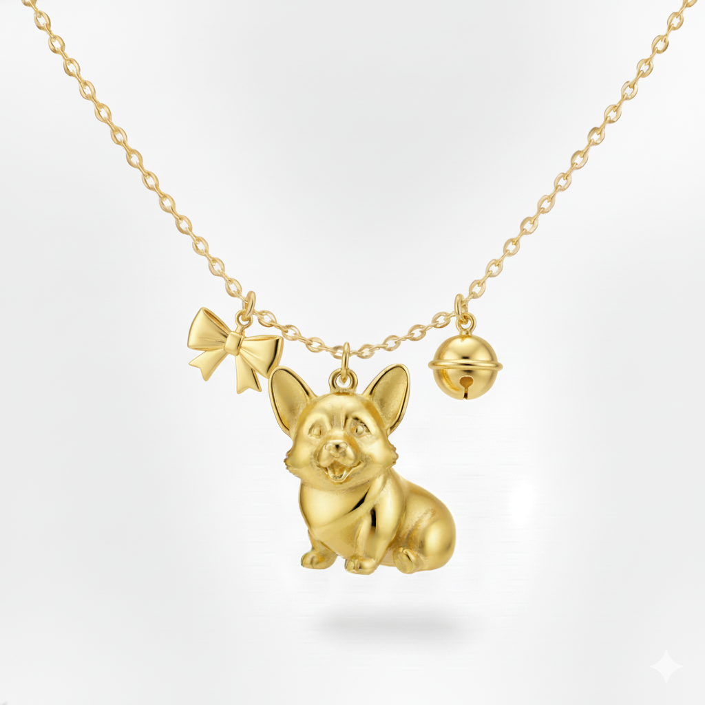 Lovely stainless steel women charm custom golden Corgi dog pendant necklace with bow and bell