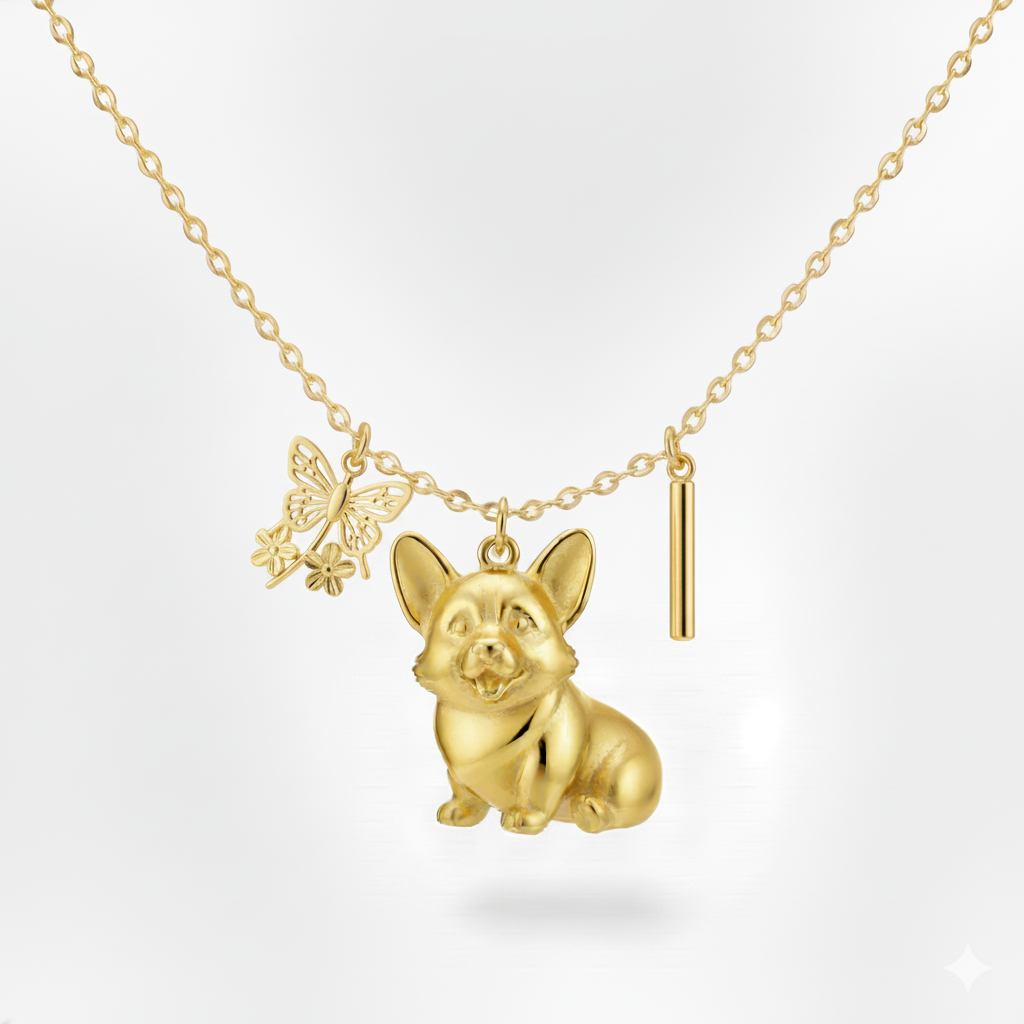 Lovely stainless steel women charm custom golden Corgi dog pendant necklace with butterfly and bar charms