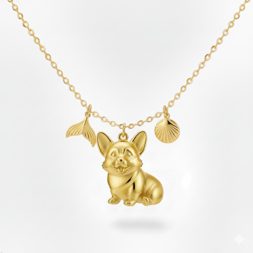 Lovely stainless steel women charm custom golden Corgi dog pendant necklace with mermaid tail and seashell
