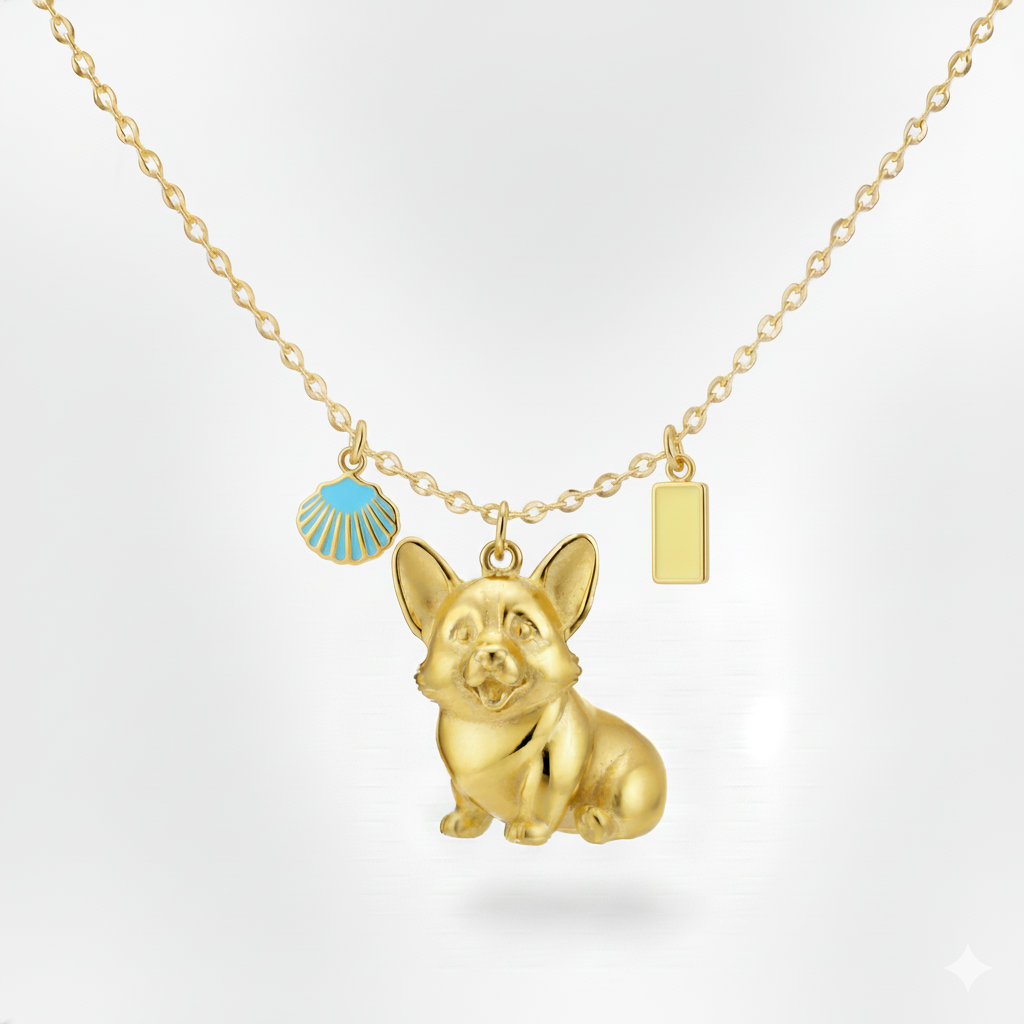 Lovely stainless steel women charm custom golden Corgi dog pendant necklace with enamel seashell and yellow tag