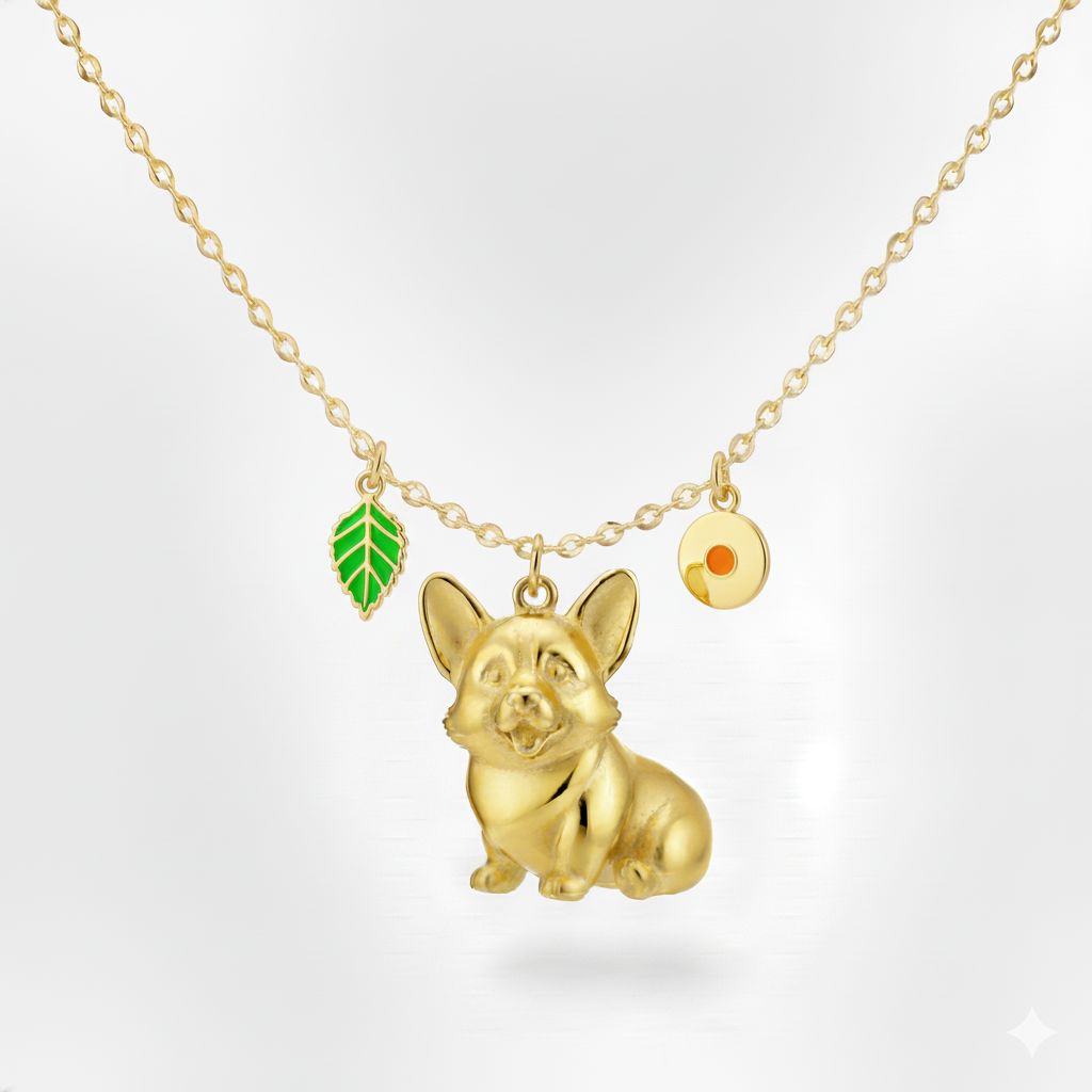 Lovely stainless steel women charm custom golden Corgi dog pendant necklace with green leaf and yellow dot charms
