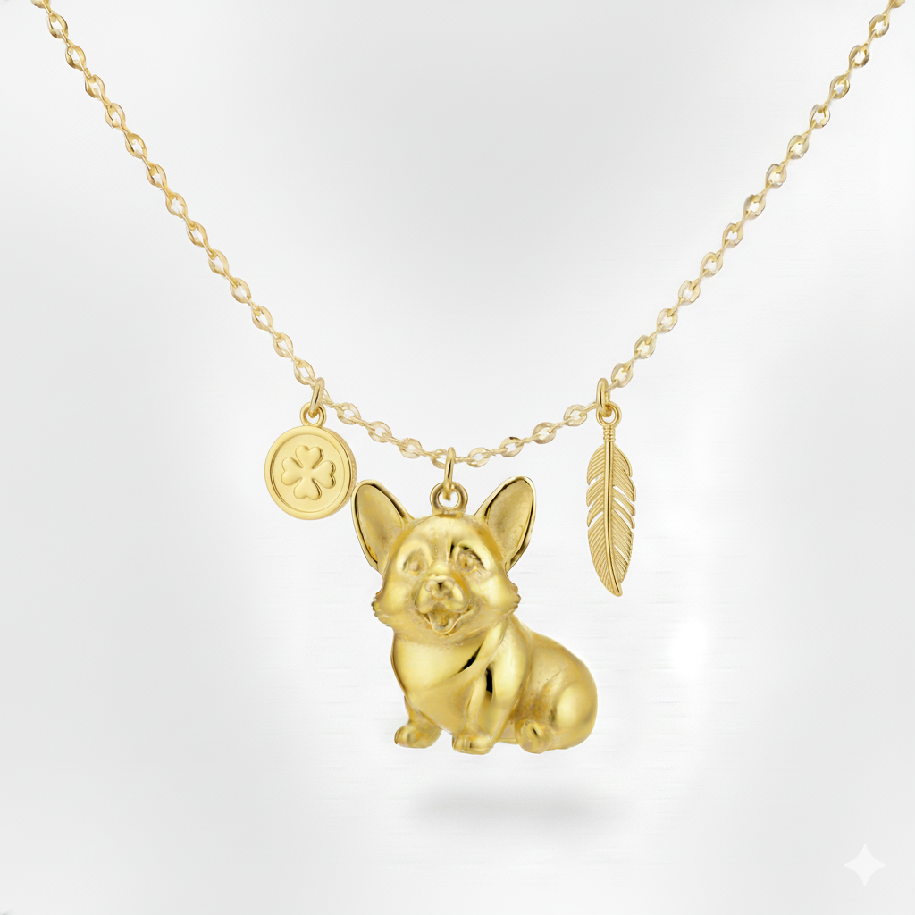 Lovely stainless steel women charm custom golden Corgi dog pendant necklace with feather and clover medallion