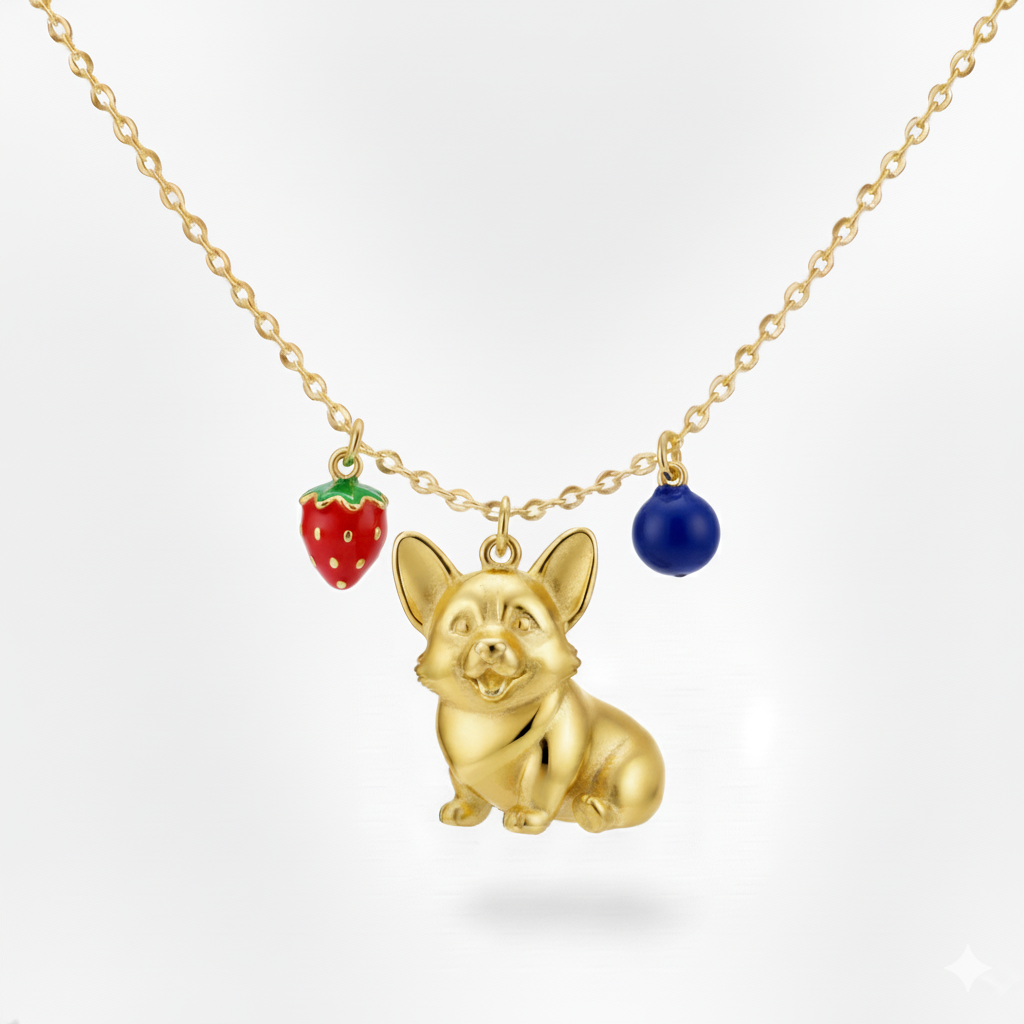 Lovely stainless steel women charm custom golden Corgi dog pendant necklace with strawberry and blueberry charms